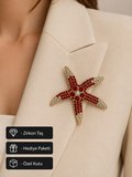 Lüks Kristal Taşlı Deniz Yıldızı Broş - Kırmızı & Beyaz Zirkon Taşlı Kadın Broşu