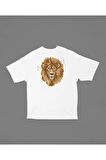 Çizim Lion Baskılı Unisex Oversize Aslan Baskılı Tişört