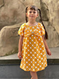 Kız Çocuk Pamuklu Çiçek Nakışlı Fiyonklu Yazlık Sarı Elbise
