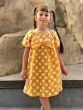 Kız Çocuk Pamuklu Çiçek Nakışlı Fiyonklu Yazlık Sarı Elbise