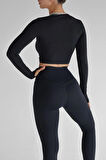 Siyah Spor Crop Top Bisiklet Yaka DARKALIP Soft Touch Parmak Detaylı Spor Body