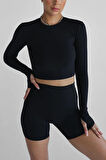 Siyah Spor Crop Top Bisiklet Yaka DARKALIP Soft Touch Parmak Detaylı Spor Body