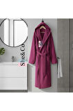 Fuşya Kapüşonlu Fitilli Dokuma Pamuklu Kadın Bornoz - Yumuşak Dokulu