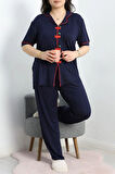 SeKa Kiraz Nakışlı Biyeli Viskon Pijama Takımı Lacivert - 40562.1857.