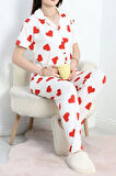 SeKa Milan Kumaş Düğmeli Pijama Takımı Beyazkırmızı - 70455.1048.