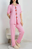 SeKa Kiraz Nakışlı Biyeli Viskon Pijama Takımı Pembe - 40562.1857.