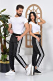 Maki Home 3 Şeritli Scuba Kumaş Kadın Erkek Unisex Siyah Eşofman Altı Beyaz Çizgili