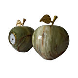 Doğal Onyx Taş Masa Saati ve Dekoratif Set, Elma ve Armut Figürlü, 3 Parça, Altın Yapraklı