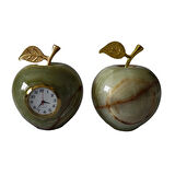 Doğal Onyx Taş Masa Saati ve Dekoratif Set, Elma ve Armut Figürlü, 3 Parça, Altın Yapraklı