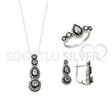 rodyumlu zirkon taşlı elmas montürlü tria damla modeli üçlü set
