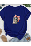 sevimli kedi baskılı oversize basic o yaka unisex t-şhirt
