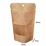 Doypack Pencereli Kraft Delikli Kilitli Kese Kağıdı - Orta Boy - 13x22x7 Cm. - 20 Adetlik 3 Paket