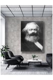 Tekli Dikey Kanvas Tablo, Karl Marx Siyah Beyaz Portre Dekoratif Kanvas Duvar Tablosu