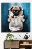 Tekli, Kare, Kanvas, Dekoratif, Duvar, Tablosu , Pug, Tuvalette Gazete Okuyan Köpek,