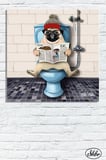 Tekli Kare Kanvas Dekoratif Duvar Tablosu , Pug, Tuvalette Gazete Okuyan Köpek,