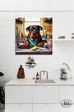 Tekli Kare Kanvas Dekoratif Duvar Tablosu , Bulaşık Yıkayan Köpek, Rotweiller,