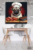 Tekli Kare Kanvas Dekoratif Duvar Tablosu , Ahçı Izgara Yapan Köpek, Pug,