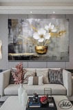 Tekli Yatay Kanvas Dekoratif Salon Yatak Odası Duvar Tablosu Gold Efektli 3D Beyaz Çiçekler