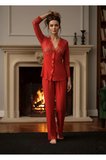 #Pijama Çeyizlik Dantel Detaylı Yumuşak Dokulu Rahat Kesim Şık Ev Giyim Kırmızı Penye Pijama Takımı