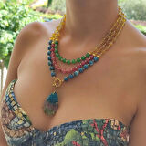 Sitrin Kolye, Doğaltaş Renkli Kolye, 3 katlı Kolye,  Rengarenk Doğal Taş Kolye, Yıldönümü Hediyesi, Burç Kolye