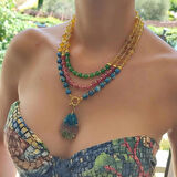 Sitrin Kolye, Doğaltaş Renkli Kolye, 3 katlı Kolye,  Rengarenk Doğal Taş Kolye, Yıldönümü Hediyesi, Burç Kolye