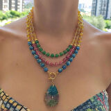 Sitrin Kolye, Doğaltaş Renkli Kolye, 3 katlı Kolye,  Rengarenk Doğal Taş Kolye, Yıldönümü Hediyesi, Burç Kolye