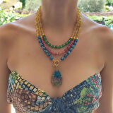 Sitrin Kolye, Doğaltaş Renkli Kolye, 3 katlı Kolye,  Rengarenk Doğal Taş Kolye, Yıldönümü Hediyesi, Burç Kolye