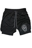 Hızlı Kuruyan 2 in 1 Yetişkin Unisex Spor Mexican Skull Baskılı Taytlı Şort Fitness Gym Antrenman