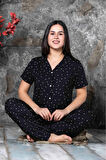 Milan Kumaş Gömlek Yaka  Kısa Kollu Kadın Pijama Takımı HomeWear