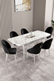 Milas Beyaz Mermer Desen 80x132 Açılabilir Mdf Masa Yemek Odası Takımı, Mutfak Takımı 6 Sandalye
