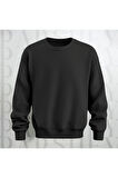 Baskısız Siyah Bisiklet Yaka Sweatshirt Kalın Kumaş 3 İplik