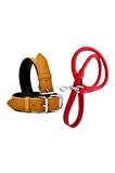 DESİNGSHOP Kırmızı Deri Örgü Köpek Gezdirme Kayışı 90cm Ve Kahverengi Deri Köpek Tasması 2,5x56 Cm 2li Set
