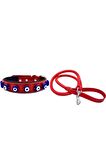 DESİNGSHOP Kırmızı Deri Örgü Köpek Gezdirme 90cm Ve Hakiki Deri Nazar Boncuklu Köpek Tasması 56x2,5cm 2li Set
