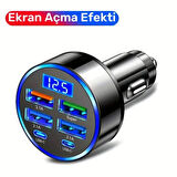 Araç Şarj Cihazı 6 PORTLU | 2PD + 4USB, Hızlı Şarj, Tip-C, Dijital Ekran