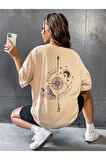 Unisex Bej Pusula Sırt Baskılı Oversize T-shirt