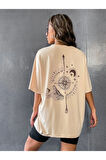 Unisex Bej Pusula Sırt Baskılı Oversize T-shirt