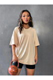 Unisex Bej Pusula Sırt Baskılı Oversize T-shirt