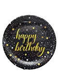 Roll-Up Doğum Günü Işıltılı Siyah Happy Bithday Yazılı Karton Tabak - 22 Cm. - 8 Adetlik 3 Paket