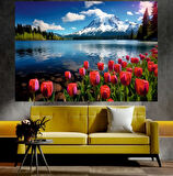 Laleler ve Karlı Dağ Manzaralı Sanatsal Dekoratif Duvar Tablosu (70x100 cm)