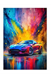 Renkli Fon Spor Araba Hediyelik Ahşap Tablo, 50cm x 70cm