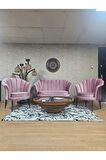 İstiridye Takım Siyah Boyalı Telli Ayak Çay Seti Koltuk Takımı Pembe Renk 110 x 48 Boyut/Ebat