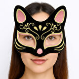 Siyah Renk Süet Kaplama Üzeri Pembe Sarı Simli Kedi Maskesi 17x14 cm