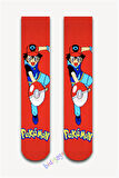 Pokemon Desenli Kırmızı Renkli Unisex Kolej Çorap