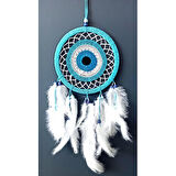 Nazar Boncuğu Motifli Turkuaz Rengi Dream Catcher Beyaz Kuş Tüylü Düş Kapanı Duvar Süsü