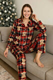 Kadın Pijama Takımı Boydan Düğmeli Süet Ayıcık Desenli