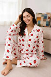 Kadın Pijama Takımı Boydan Düğmeli Raporlu Kumaş Milan Çilek Desenli
