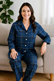 Kadın Pijama Takımı Boydan Düğmeli Süet Kareli Desenli