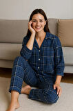 Kadın Pijama Takımı Boydan Düğmeli Süet Kareli Desenli