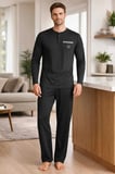 Erkek Siyah Pijama Takımı %100 Pamuk Uzun Kollu Düz Paça Regular Fit Rahat Kalıp