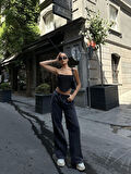 Teusta  Arkadan Yırtmaçlı Jeans Kot Palazzo Pantolon - Siyah